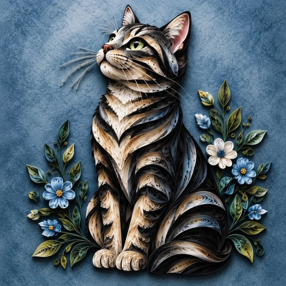 8x8 Framed Cat with Blue Flowers Quilling Art Print
